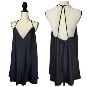 Flora By Flora Nikrooz Chemise Slip Black Satin Cream Lace Strappy Back Size XL